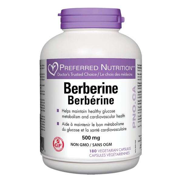 Bottle of PreferredNutrition Berberine 500mg 180VegetableCapsules