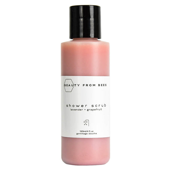 Bottle of BeautyFromBees ShowerScrub Lavender+Grapefruit 120ml/4floz