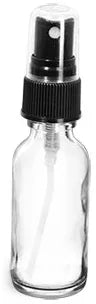 Clear Round Glass Bottle with Black Ribbed Fine Mist Sprayer