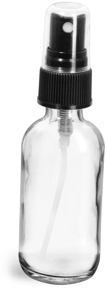 Clear Round Glass Bottle with Black Ribbed Fine Mist Sprayer