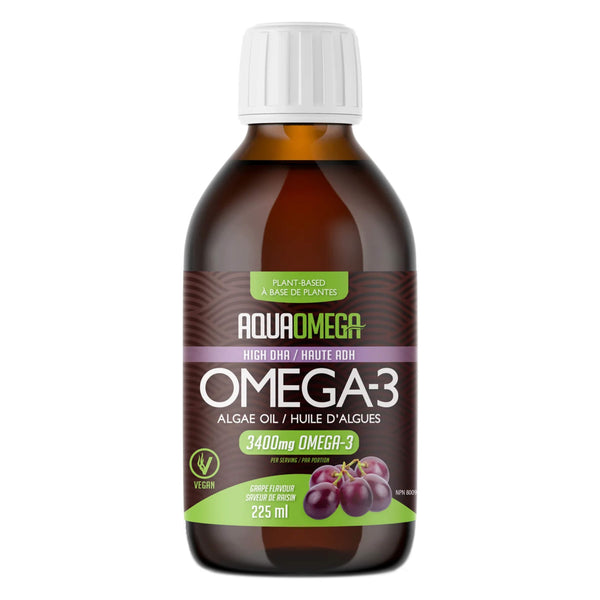 Bottle of AquaOmega HighDHAOMega-3 AlgaeOil GrapeFlavour 225ml