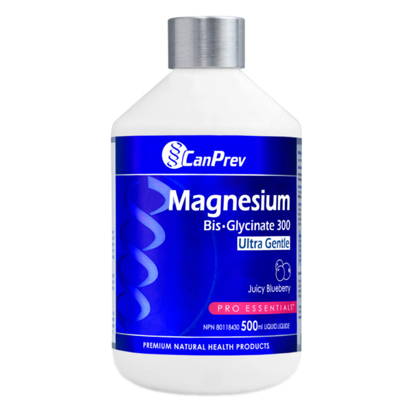 Bottle of CanPrev MagnesiumBisglycinate 300 UltraGentle JuicyBlueberry 500mlLiquid