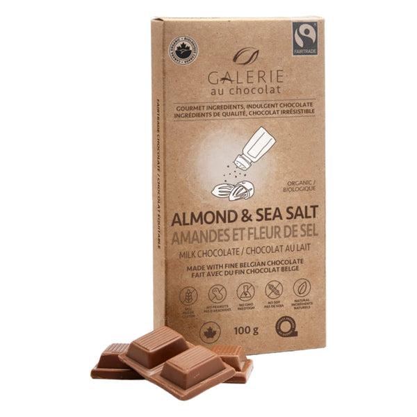 Package and ChocolatePieces of GalerieAuChocolat MilkChocolateBar Almond&SeaSalt 100g