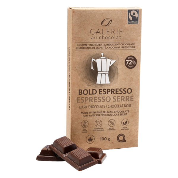 Package and ChocolatePieces of GalerieAuChocolat 72% DarkChocolateBar BoldEspresso 100g
