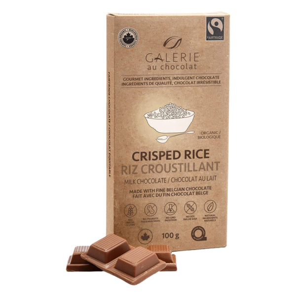 Package and ChocolatePieces of GalerieAuChocolat MilkChocolateBar CrispedRice 100g