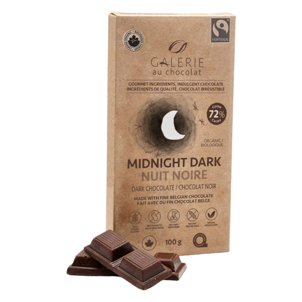 Package and ChocolatePieces of GalerieAuChocolat 72% DarkChocolateBar MidnightDark 100g