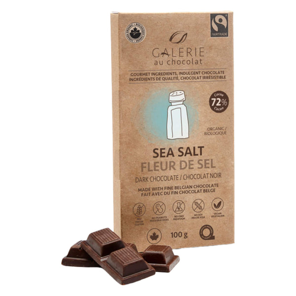 Package and ChocolatePieces of GalerieAuChocolat 72% DarkChocolateBar SeaSalt 100g