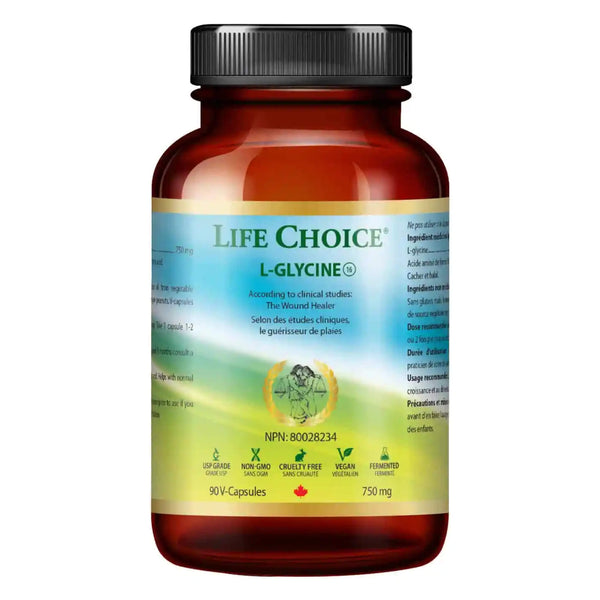 Bottle of LifeChoice L-Glycine 750mg 90V-Capsules
