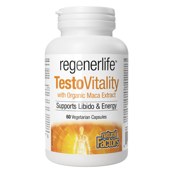Bottle of NaturalFactors Regenerlife TestoVitality with OrganicMacaExtract 60VegetarianCapsules