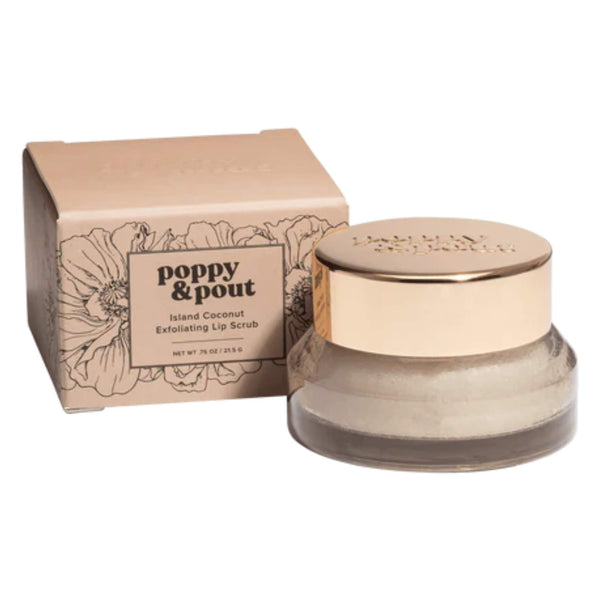 Box & Tub of Poppy&Pout IslandCoconut LipScrub 0.75oz