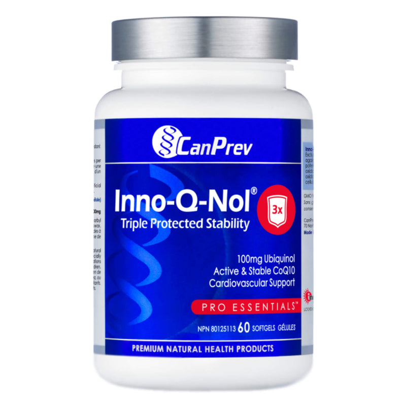 Bottle of CanPrev Inno-Q-Nol (CoQ10Ubiquinol) 100mg 60Softgels