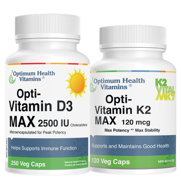 OptimumHealthVitamins Opti-VitaminD3Max 2500IU 250VegCaps & OptiVitaminK2Max 120mcg 120VegCaps Shrinkwrap 