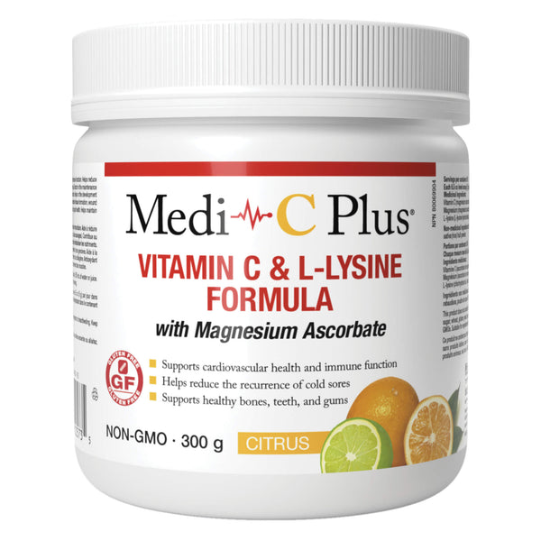 Tub of MediCPlus VitaminC&L-LysineWithMagnesiumAscorbate Citrus 300g
