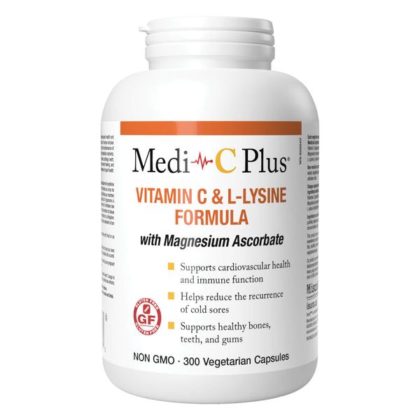 Bottle of MediCPlus VitaminC&L-LysineFormulaWithMagnesiumAscorbate 300VegitarianCapsules