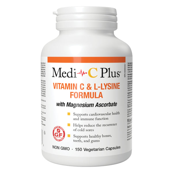 Bottle of MediCPlus VitaminC&L-LysineWithMagnesiumAscorbate 150VegetarianCapsules