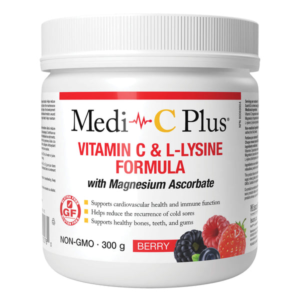Tub of MediCPlus VitaminC&L-LysineFormulaWithMagnesiumAscorbate Berry 300g