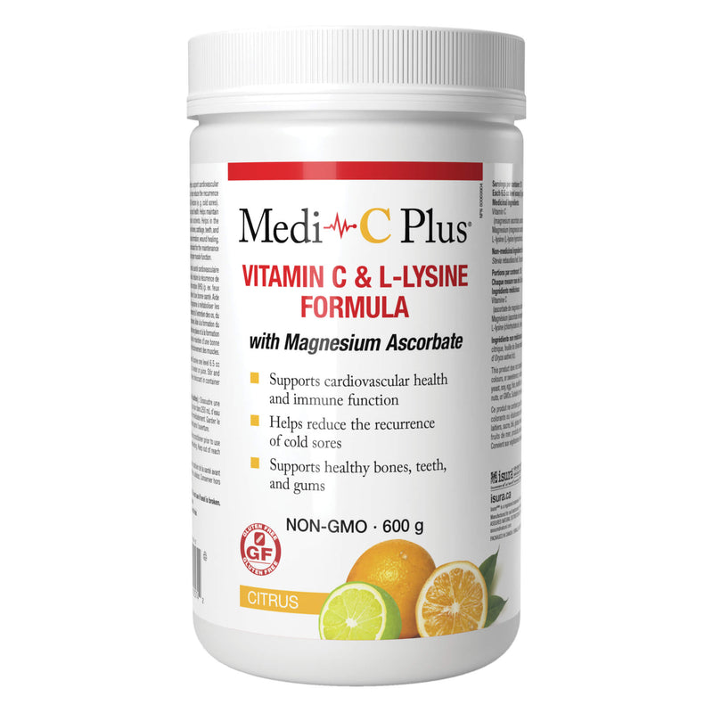 Tub of MediCPlus VitaminC&L-LysineFormulaWithMagnesiumAscorbate Citrus 600g