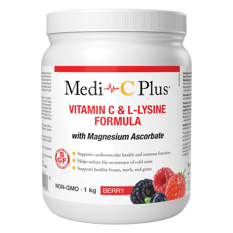 Tub of MediCPlus VitaminC&L-LysineFormulaWithMagnesiumAscorbate Berry 1Kg