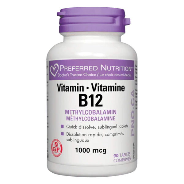 Bottle of PreferredNutrition VitaminB-12 Methylcobalamin 1000mcg 90SublinualTablets