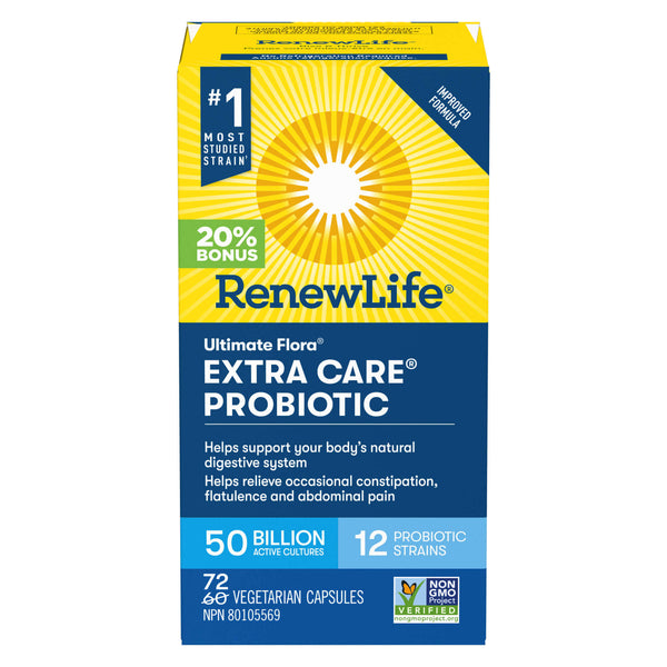 Box of RenewLife UltimateFlora ExtraCareProbiotic 50BillionActiveCultures BonusSize 72VegetarianCapsules