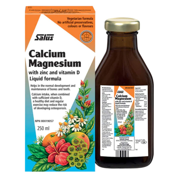 Box and Bottle of Salus CalciumMagnesium with Zinc&VitaminD LiquidFormula 250ml