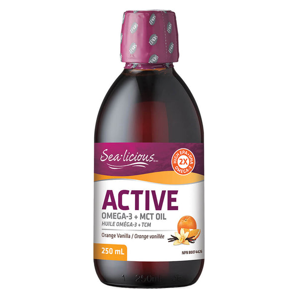 Bottle of Sea-licious Active Omega-3 + MCT Oil Orange Vanilla Flavour 250 Milliliters