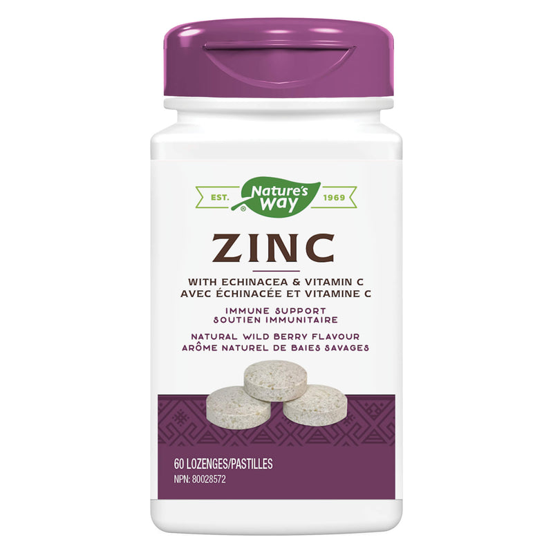 Bottle of Nature's Way Zinc w/ Echinacea & Vitamin C Natural Wild Berry Flavour 60 Lozenges
