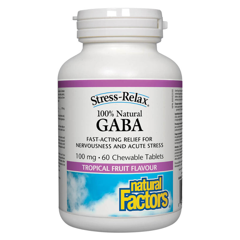Bottle of Stress-Relax® 100% Natural GABA 100 mg Tropical Fruit Flavour 60 Chewable Tablets