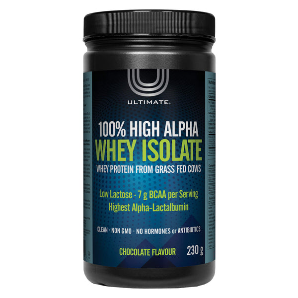 Bottle of Ultimate 100% High Alpha Whey Isolate Chocolate Flavour 230 Grams | Optimum Health Vitamins, Canada