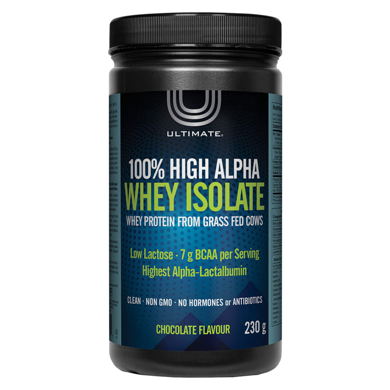 Bottle of Ultimate 100% High Alpha Whey Isolate Chocolate Flavour 230 Grams | Optimum Health Vitamins, Canada