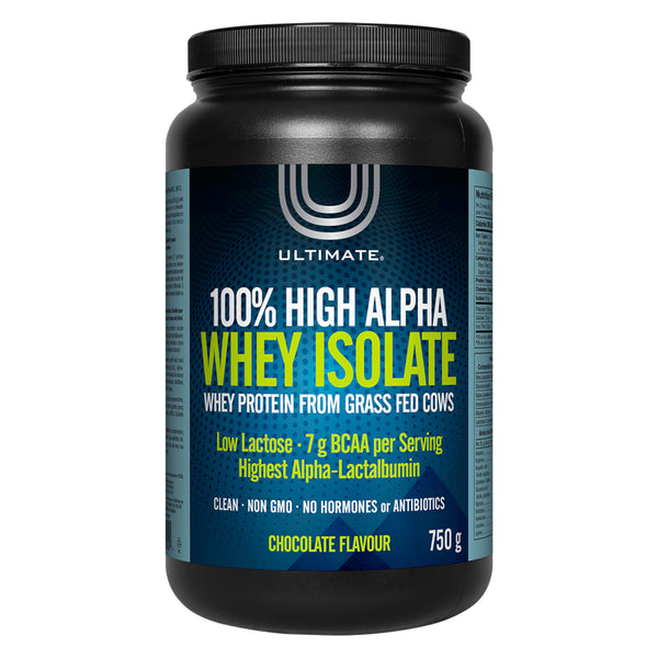 Bottle of Ultimate 100% High Alpha Whey Isolate Chocolate Flavour 750 Grams | Optimum Health Vitamins, Canada