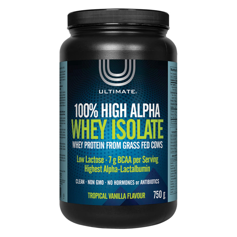 Bottle of Ultimate 100% High Alpha Whey Isolate Tropical Vanilla Flavour 750 Grams | Optimum Health Vitamins, Canada