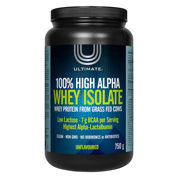 Bottle of Ultimate 100% High Alpha Whey Isolate Unflavoured 750 Grams | Optimum Health Vitamins, Canada