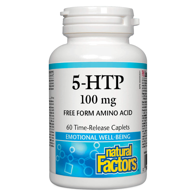 Bottle of Natural Factors 5-HTP 100 mg 60 Time-Released Caplets
