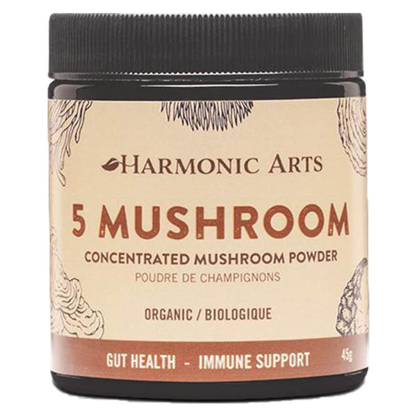 Jar of Harmonic Arts 5 Mushroom Concentrated Mushroom Powder 45 Grams