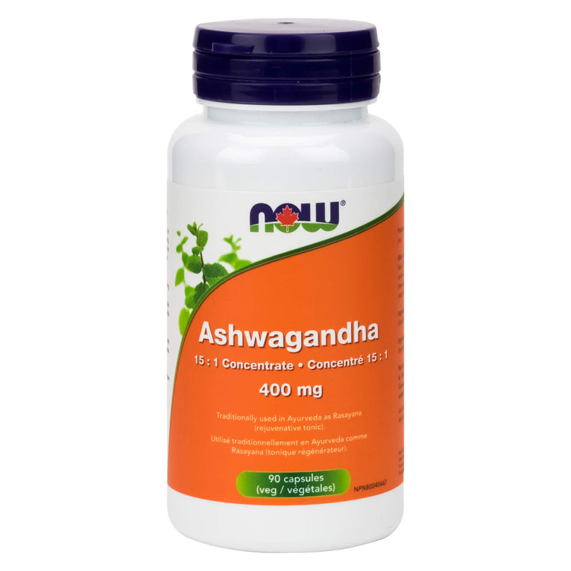 Bottle of NOW Foods Ashwagandha 400 mg 90 Vegetable Capsules