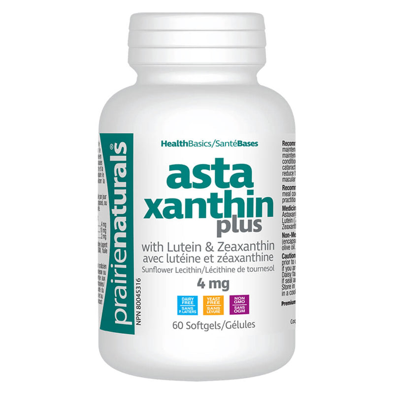 Bottle of Prairie Naturals Astaxanthin Plus 4 mg 60 Softgels