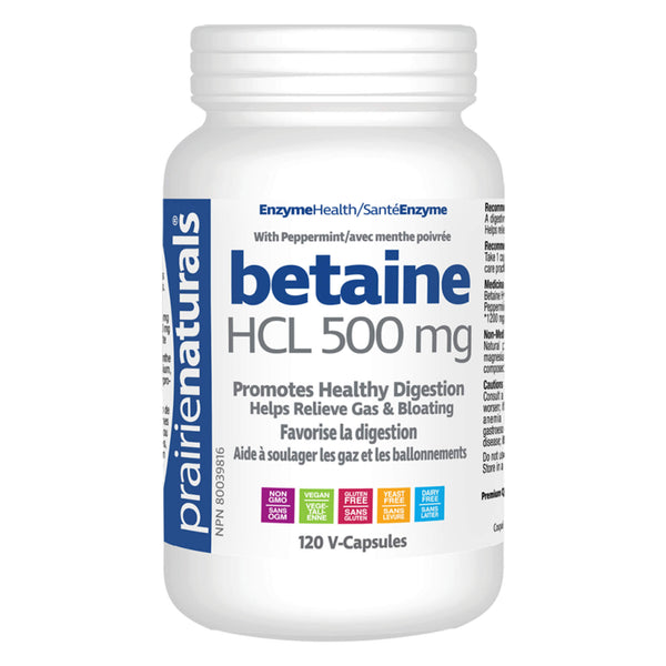 Bottle of Prairie Naturals Betaine HCL - 500 mg 120 V-Capsules