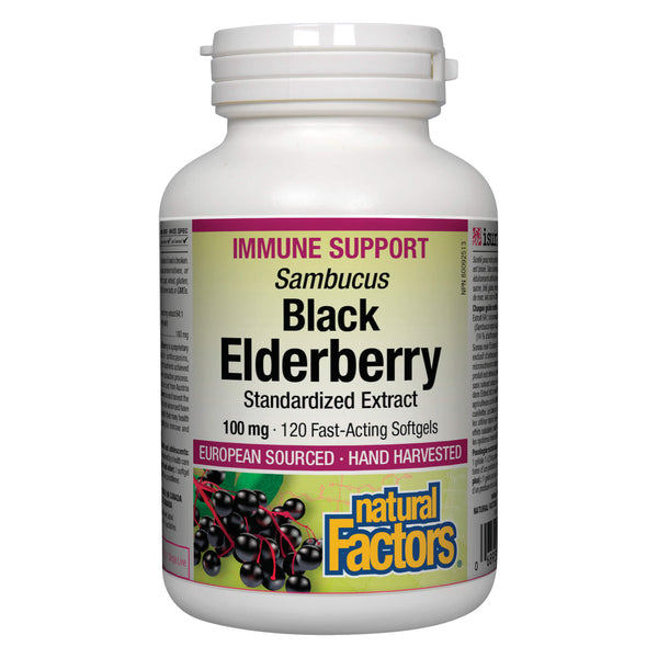 Bottle of Natural Factors Black Elderberry 100 mg Standardized Extract 120 Softgels