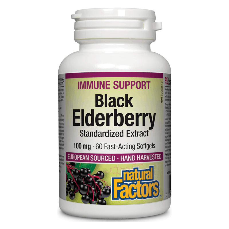 Bottle of Natural Factors Black Elderberry 100 Milligrams Standardized Extract 60 Softgels
