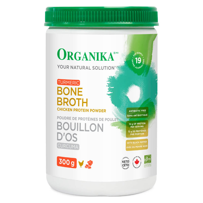 Container of Bone Broth Chicken Protein Powder Turmeric 300 Grams
