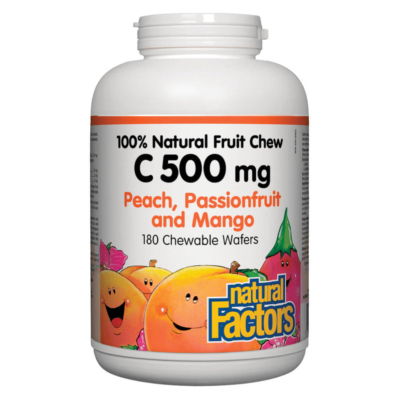 100% Natural Fruit Chew Vitamin C 500 mg Peach, Passionfruit, and Mango Flavour 180 Chewable Tablets