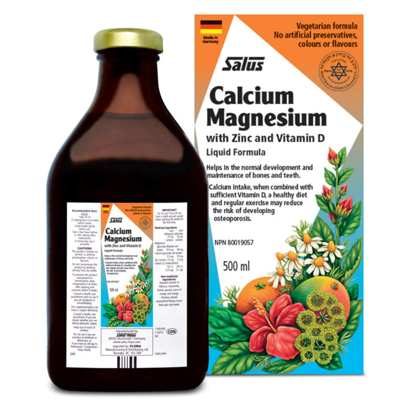 Bottle and Box of Salus Calcium Magnesium 500 Milliliters
