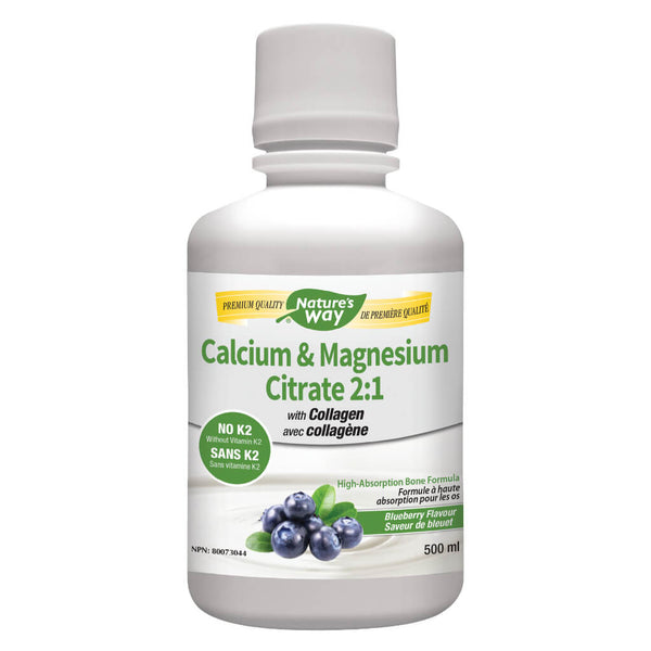 Bottle of Nature's Way Calcium & Magnesium Citrate 2:1 Collagen Blueberry 500 Milliliters