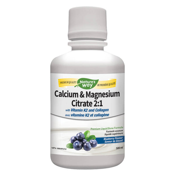 Bottle of Nature's Way Calcium & Magnesium Citrate 2:1 Collagen and K2 Blueberry 500 Milliliters