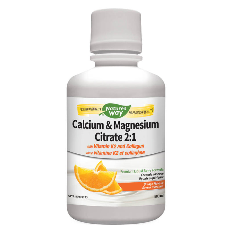 Bottle of Nature's Way Calcium & Magnesium Citrate 2:1 Collagen and K2 Orange 500 Milliliters