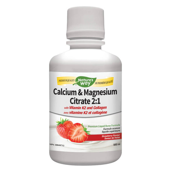 Bottle of Nature's Way Calcium & Magnesium Citrate 2:1 Collagen and K2 Strawberry 500 Milliliters