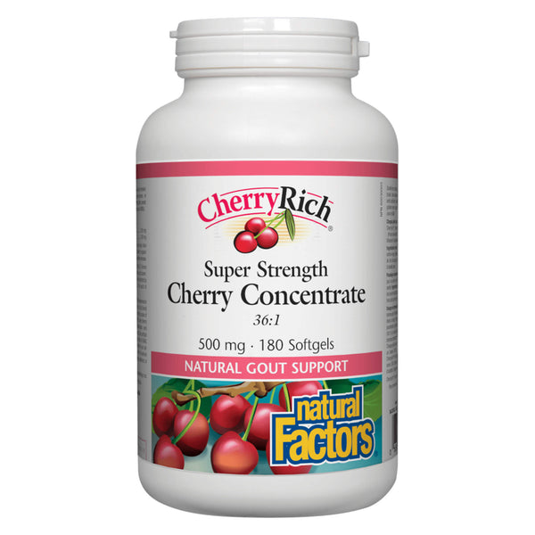 Bottle of Natural Factors CherryRich Super Strength Cherry Concentrate 36:1 500 mg 180 Softgels | Optimum Health Vitamins, Canada