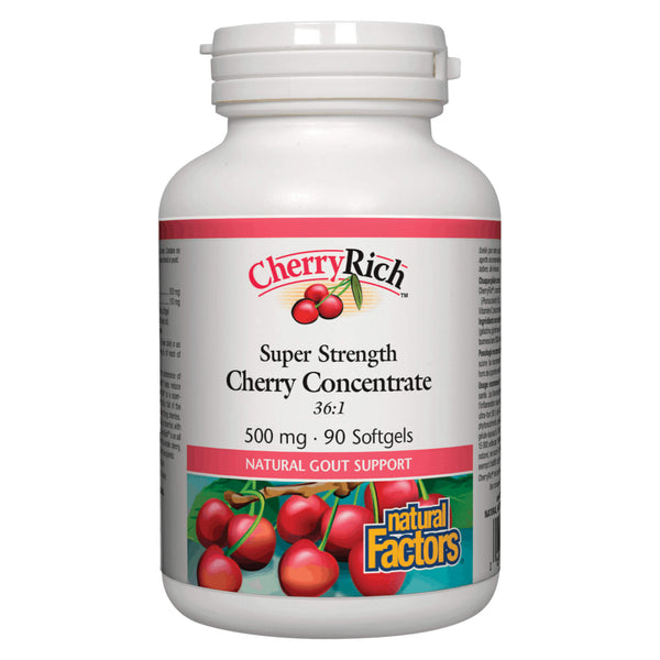 Bottle of Natural Factors CherryRich Super Strength Cherry Concentrate 36:1 500 mg 90 Softgels | Optimum Health Vitamins, Canada