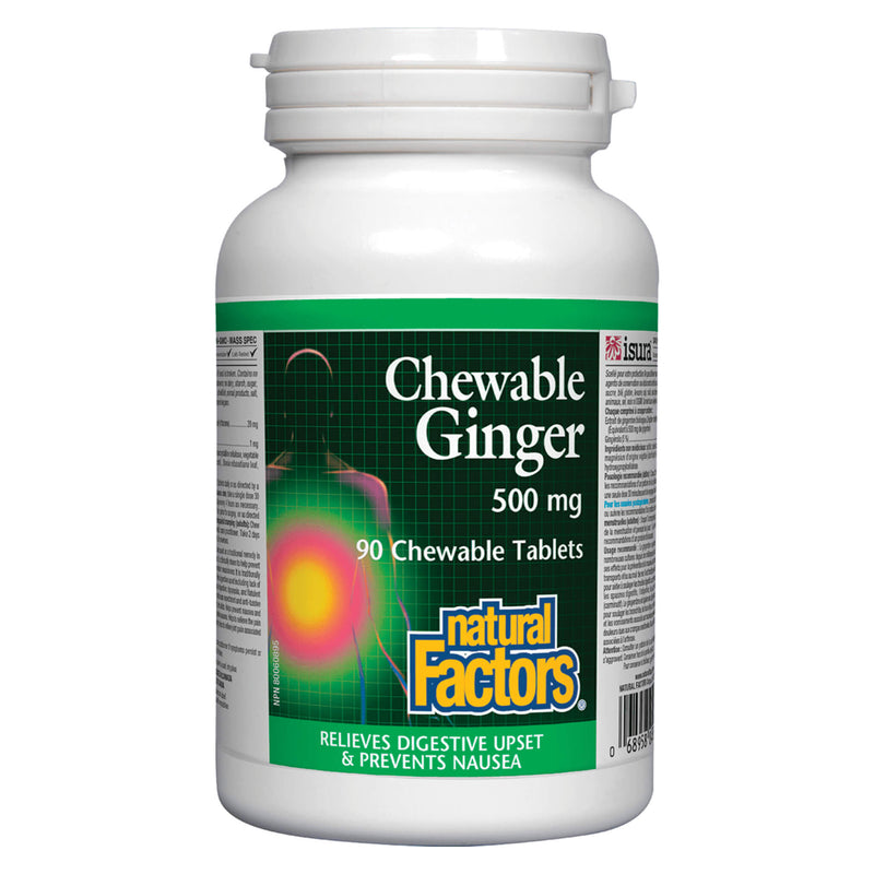 Bottle of Natural Factors Chewable Ginger 500 mg 90 Chewable Tablets
